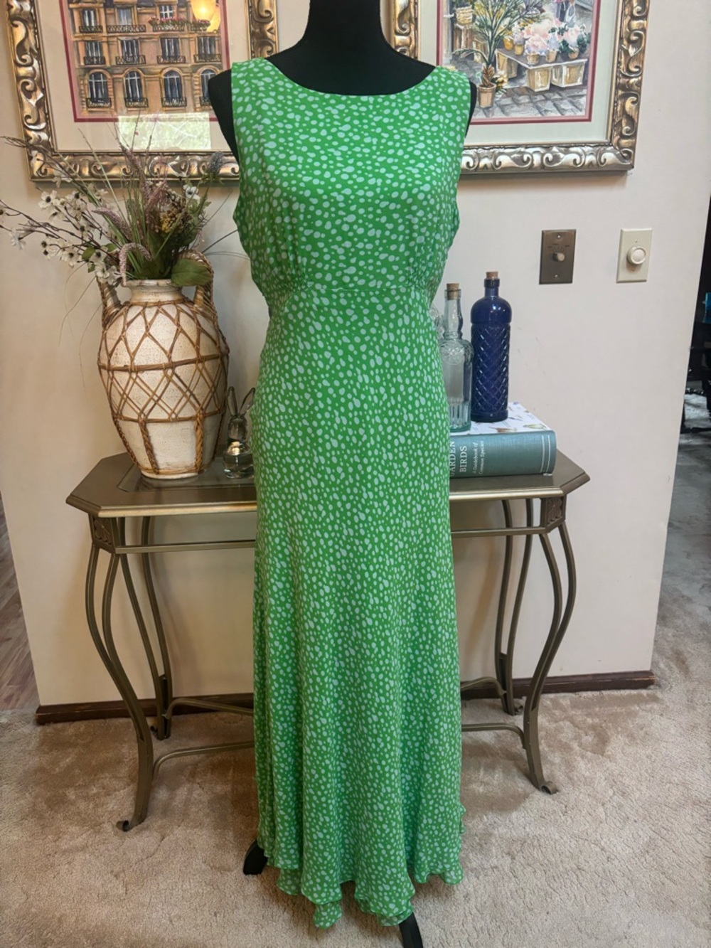 CYNTHIA HOWIE 100% Silk Sleeveless Green Dot Print Maxi Dress Fit & Flare Sz 12 - Picture 8 of 11
